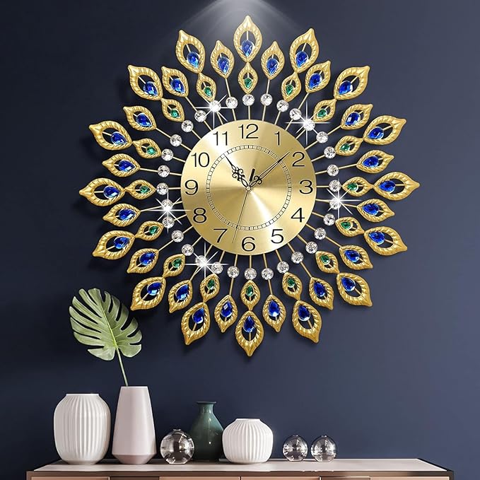 24.0 Inch Gold Large Wall Clocks for Living Room Decor,Elegant 3D Modern Wall Clock with Dial Arabic Numberals Non-Ticking Silent Big Wall Clocks,Diamond Round Home Decoration Kitchen Clocks