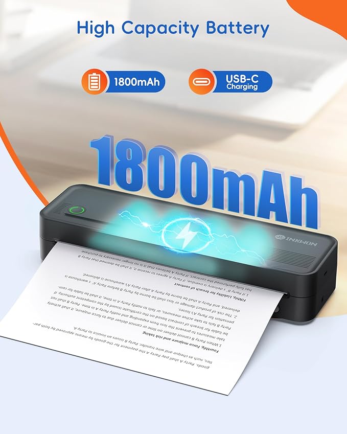 A41 Bluetooth Thermal Printer, Portable Inkless Printer for Travel Supports 8.5 x 11 Inch Paper, Small Mobile Printing Device Ideal for Office, School, Home