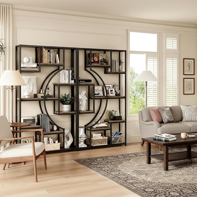 70.8" Tall Bookshelf Set of 2, 79" Wide Geometric Display Shelf with 18 Open Storage Shelves, Etagere Bookcase for Living Room, Office, Bedroom - Anti-Tip & Adjustable Feet