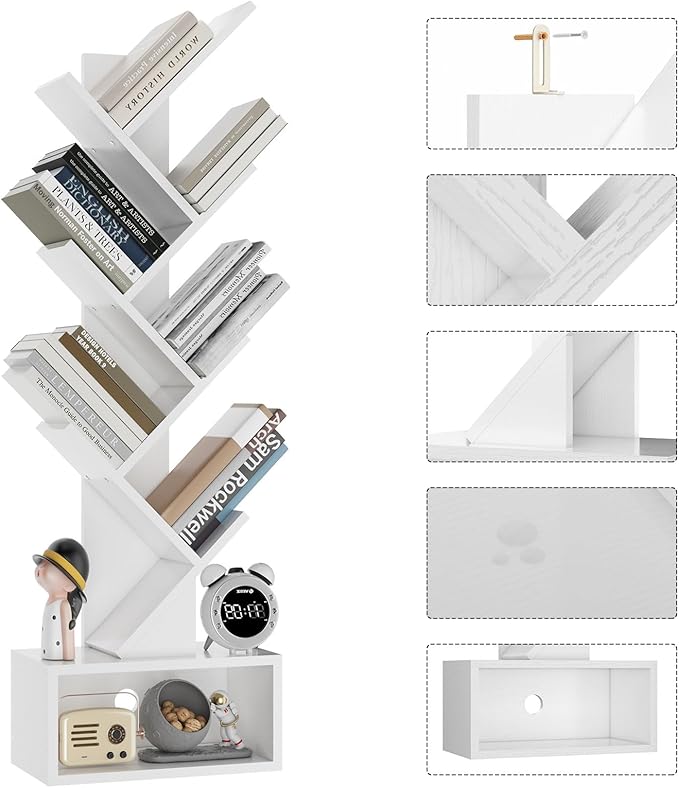 YMYNY 6 Tier Tree Bookshelf, Tall Bookcase, Wood Book Storage Rack with Drawer, Modern Floor Standing Book Shelf for Books/Movies/CDs, Utility Organizer for Living Room, Home Office, White UHBC016W
