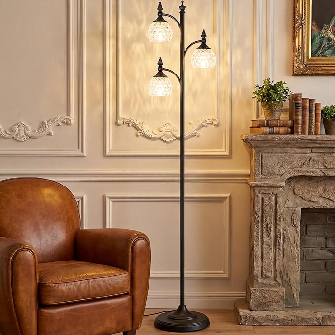 Glass Floor Lamp 66.5in Black Standing Lamps for Living Room with 3 Brightness Lights Vintage Retro Corner Lamp for Bedroom Office(3LED Bulbs Included)
