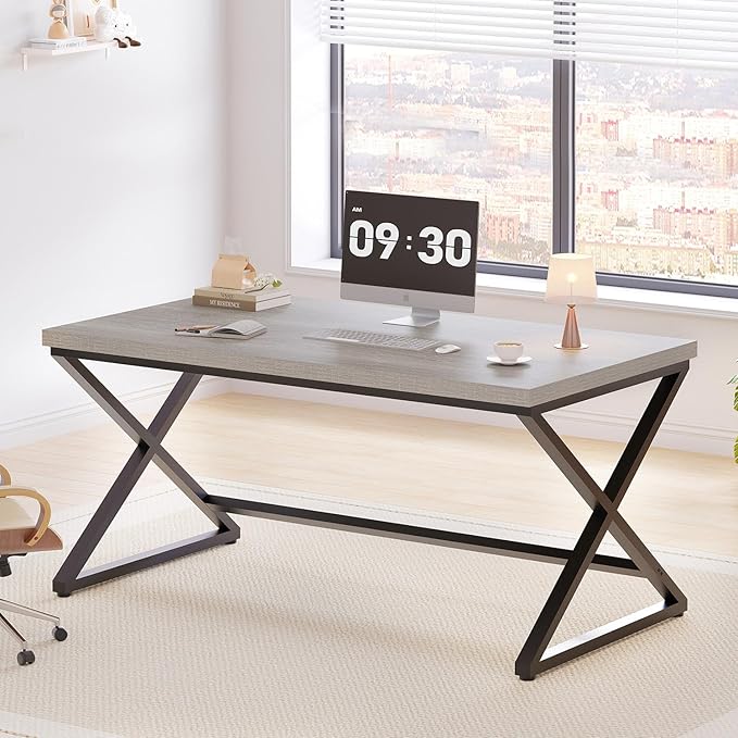 IBF Gray Computer Desk, Modern Writing Study Desk for Home Office, Industrial Wooden Metal Executive Work Desk, Simple Pc Gaming Laptop Workstation Computer Table in Bedroom, Light Grey Oak, 55 Inch
