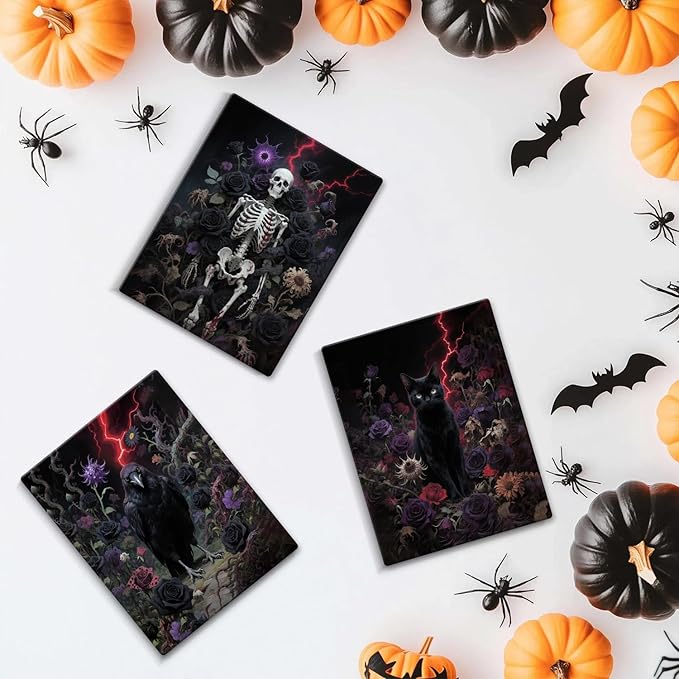 CHIDTB Halloween Gothic Wall Art(Set of 3, 12"x16"), Spooky Crow Skeleton Black Cat Framed Canvas Artwork Painting, Horror Dark Academia Flowers Roses Wall Decor Hanging for Home Gallery Bedroom