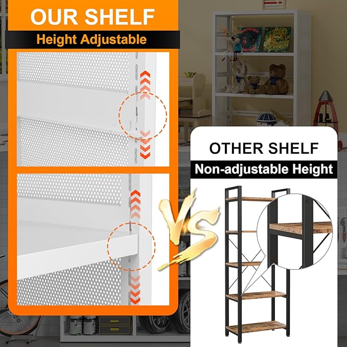 5 Tiers Bookshelf, Metal Storage Organizer Book Rack, Modern White Bookcase Shelf, Utility Shelf, Adjustable Garage Shelving, Organizer Rack for Kitchen, Laundry, Garage, Bathroom, Pantry, Office