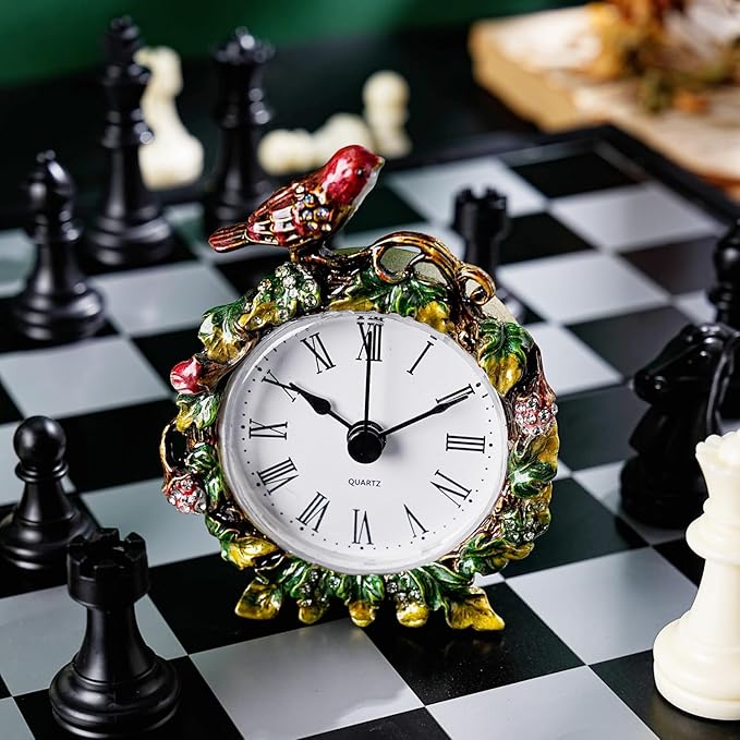 Mini Tabletop Clock, Decorative Vintage Floral Metal Table Clock with Battery Operated for Bedside, Table, Living Room, Home and Office