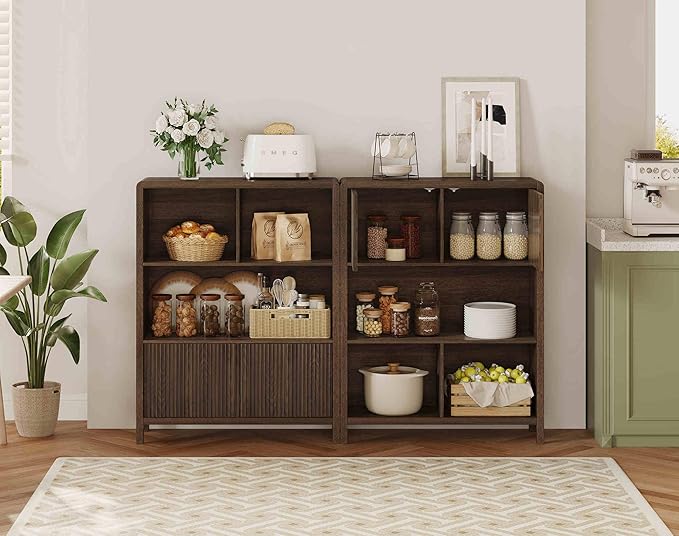 FATORRI Cube Bookshelf with 2 Doors, 4 Tier Wooden Bookcase, 5 Cube Storage Organizer for Home Office (Dark Walnut)
