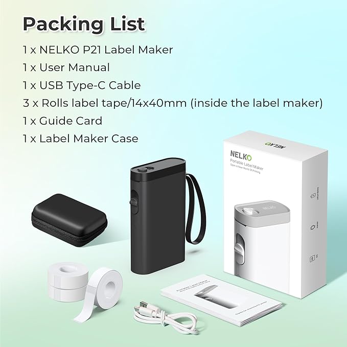Nelko Label Maker Machine with Tape, P21 Bluetooth Label Printer with 3 Tapes & Case, Wireless Mini Label Makers with Multiple Templates Icon Font Custom for School Office Home, Black