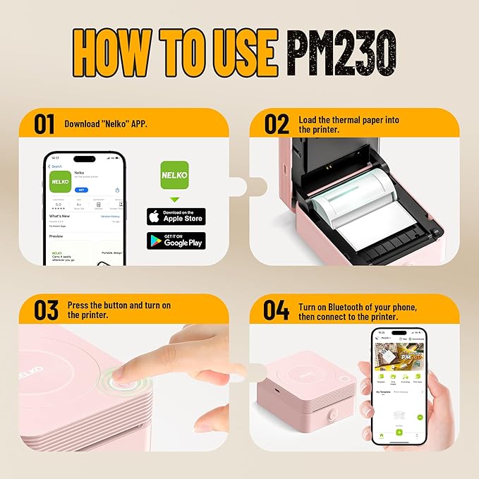 Nelko Sticker Printer, PM230 Print Pod Mini Bluetooth Portabel Sticker Maker with 3 Rolls Paper, Print Pods with Multiple Templates for Phone & Tablet, Smart AI APP Family, Pink