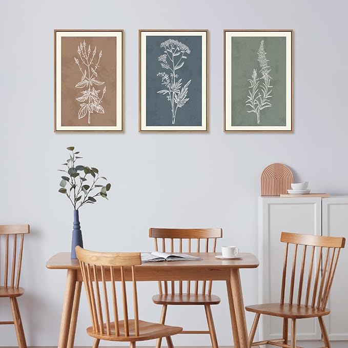 HLNIUC Neutral Botanical Framed Wall Art Set, Boho Minimalist Plant Canvas Wall Decor, Vintage Leaf Wall Painting, Nature Floral Silhouette Art Print for Bedroom, Living Room, Study - 24”x36”x3