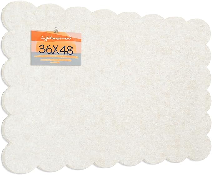 Scalloped Bulletin Board, 48 x 36 Inches Felt Pin Board - Decorative Cork Alternative for Wall, Foldable Picture Self-Adhesive Vision Prayer Board with 20 Pushpins - Oatmeal