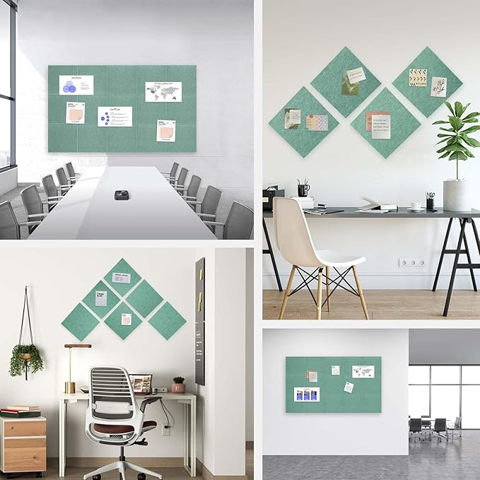 Large Cork Board for Office Wall Decor,48"x36"-12 Pack Felt Wall Tiles with Safe Removable Adhesive Tabs, 1/2" Thick, Felt Bulletin Board Pin Board Cork Boards for Walls - Jade Green