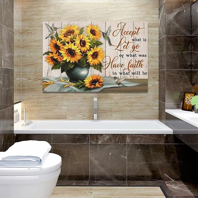 yerretin Farmhouse Sunflower Wall Art Sunflower Pictures Wall Decor Rustic Canvas Painting Modern Artwork Home Decorations for Bathroom Dining Room Kitchen Bedroom Office Framed 24"x16"