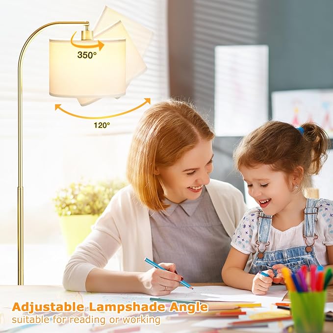 Ambimall Arc Floor Lamp with Remote and Stepless Dimmable Bulb, Colors Temperature & Brightness Adjustable, Floor Lamps for Living Room(White Shade & Gold Pole)