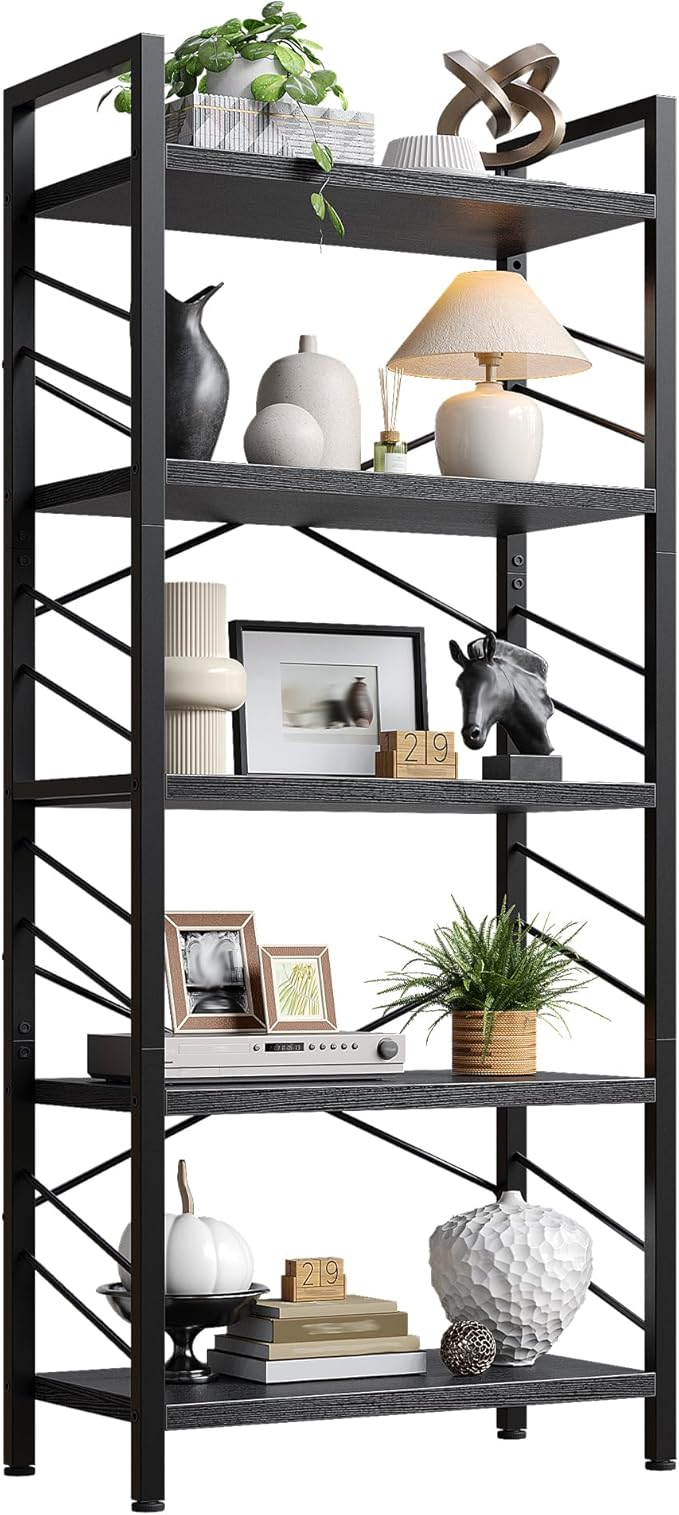 5 Tier Bookshelf, Industrial Tall Bookcase, Modern Display Book Shelf with Metal Frame and Sidebars for Bedroom, Living Room and Home Office, Black