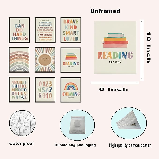 SEHSUVC Baby Alphabet 1 2 3 Wall Art Set of 9, Number Rainbow Canvas Posters Prints, Kids ABC Positive Affirmation Wall Decor Paintings for Kids Room Nursery Bedroom Home Decor 8x10In Unframed