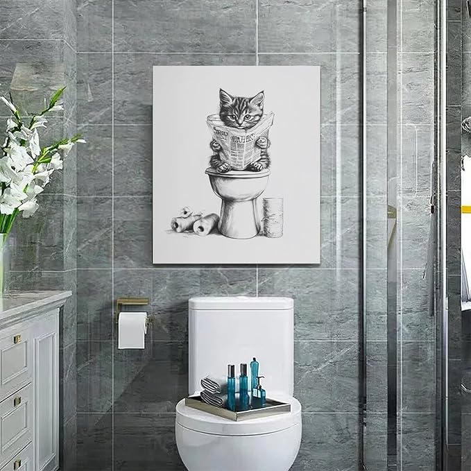 Cat Bathroom Wall Art Black and White Cat Pictures Wall Decor Funny Animal Canvas Painting Print Modern Home Decoration Artwork Framed 20"x24"
