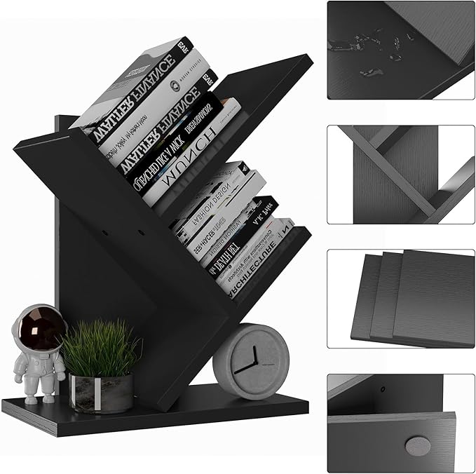 YMYNY 2 Tier Tree Bookshelf, Small Bookcase, Modern Wood Book Storage Rack Organizer, Freestanding Book Shelf for Books/Movies/CDs, Display Rack for Bedroom, Home Office, Black UHBC012B