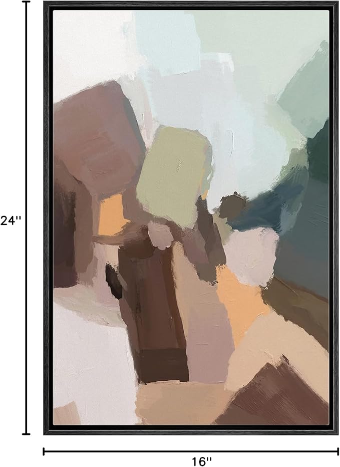 MUDECOR Framed Canvas Print Wall Art Multicolor Brown Green Watercolors Abstract Shape Illustrations Modern Art Decorative Bohemian Colorful Chic for Living Room, Bedroom, Office - 16"x24" Black