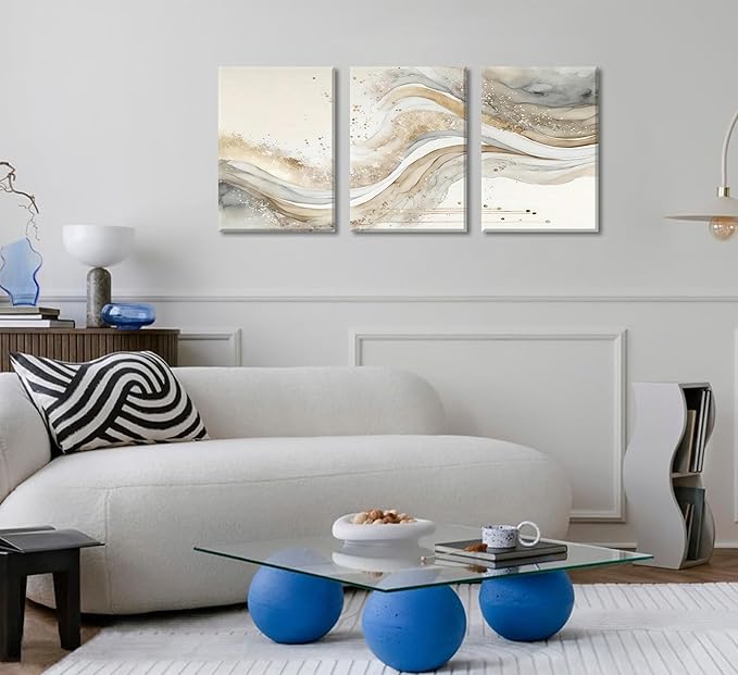 3Pcs Gold Abstract Marble Canvas Wall Art Modern Grey and Gold Fluid Painting Picture Wall Decor neutral Marble Poster Print Artwork for Bedroom Living Room Office Hotel Home Decoration