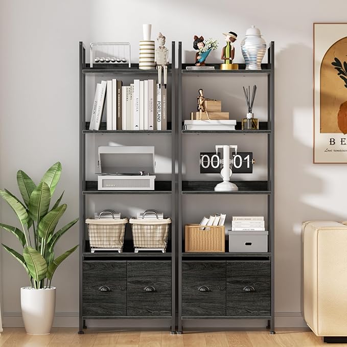 Furologee 5-Tier Bookshelf Set of 2, Tall Bookcase with 2 Drawers and Shelves, Industrial Display Free Standing Shelf Units, Storage Rack Organizer for Bedroom, Living Room, Home Office, Black Oak