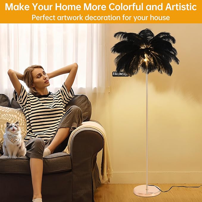 Feather Floor Lamp for Living Room, Fluffy Ostrich Feathers Lamp, Rose Gold Color Body, 3 Color Temperatures Modern Funky Arc Tall Standing Lamp for Bedroom Inclued Bright LED Bulbs (Black)