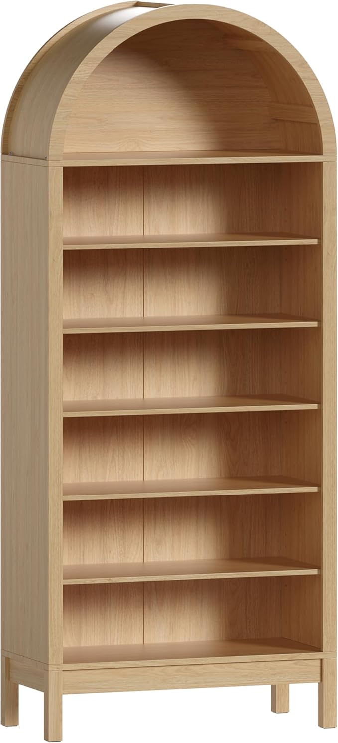 Tall Arched Bookshelf, 7-Tier Bookcase with 3 Adjustable Shelves, Modern Farmhouse Storage Shelf for Living Room, Entryway, Office, 29.5" W x 70.1" H x 13.8" D, Natural Oak
