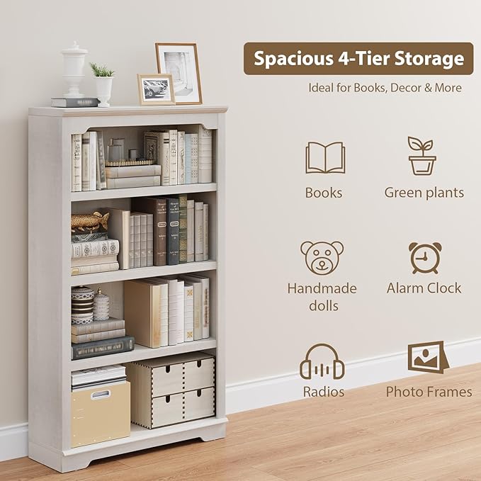 HIFYOBRO 4 Tier Bookshelf, 55 Inches Tall Bookcase, Wooden Book Shelf with Storage, Freestanding Open Display Bookshelves for Study Room, Home Office, Living Room (White, 4-Shelf)
