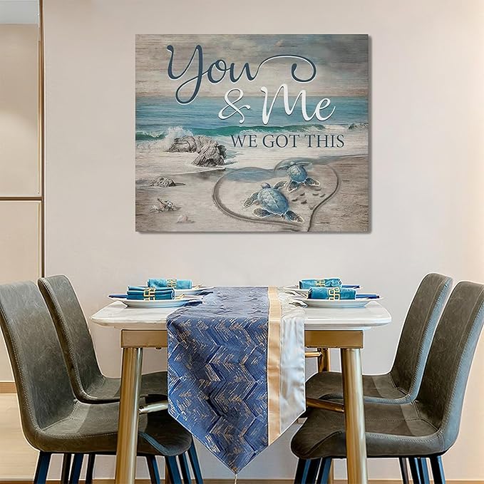 Beach Sea Turtle Bathroom Wall Art Coastal Turtle Love Pictures Wall Decor Ocean Nautical Canvas Seascape Painting Modern Artwork Home Decoration for Living Room Bedroom Office Framed 24"x20"