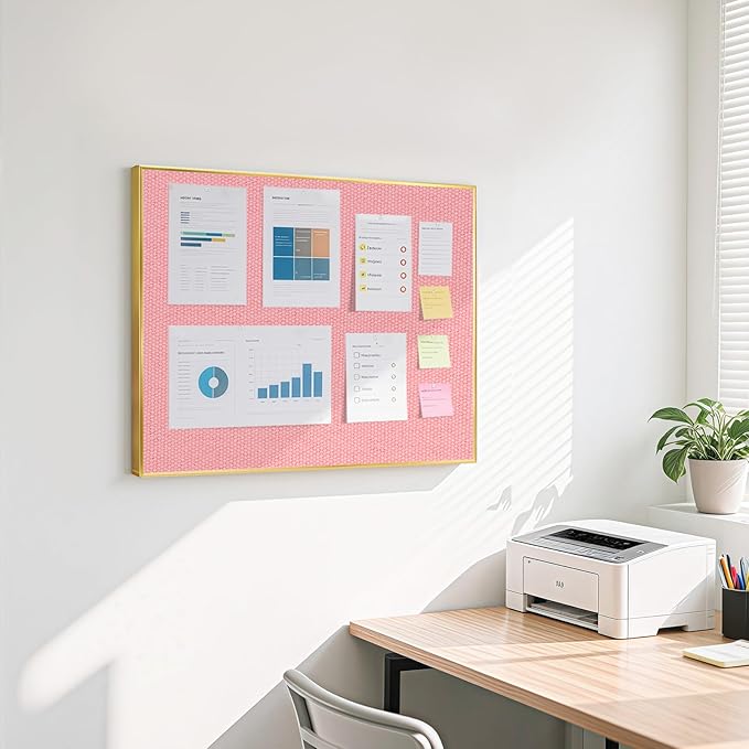 Linen Bulletin Board 24 x18 Inches, Cork Board for Wall with Gold Aluminum Frame, Fabric Pin Board Tack Board for Home Office Room Decor, 10 Push Pins, Pink Linen
