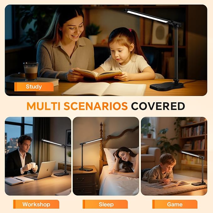 Desk Lamps for Home Office, Dimmable LED Desk Lamp, 5 Color Modes, 10 Brightness, Touch Desk Light with USB Charging Port for Nail Craft Puzzle Sewing Study - Black