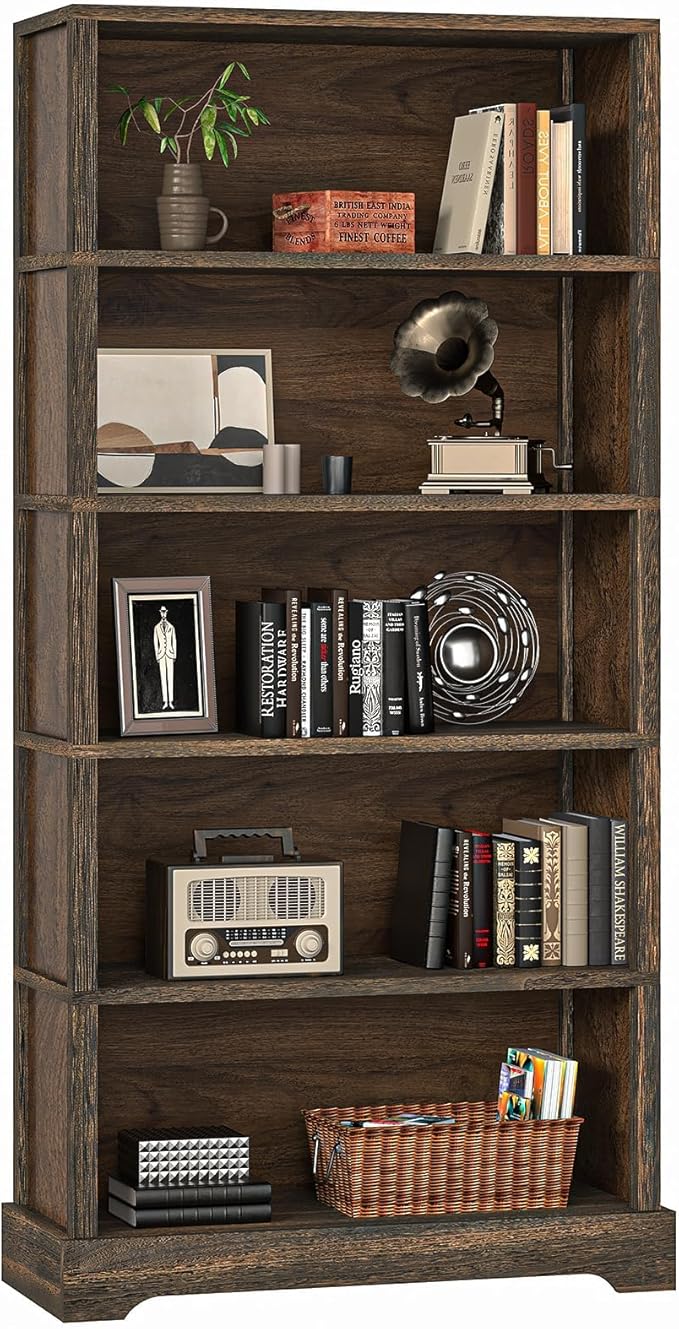 TVU 5-Tier Solid Wood Book Shelf, Floor Standing Bookcase, 65" H × 31.5" W × 11.8" D Bookshelf, Farmhouse Style Book Case with Arched Base, Suitable for Living Room, Study, Office, Walnut