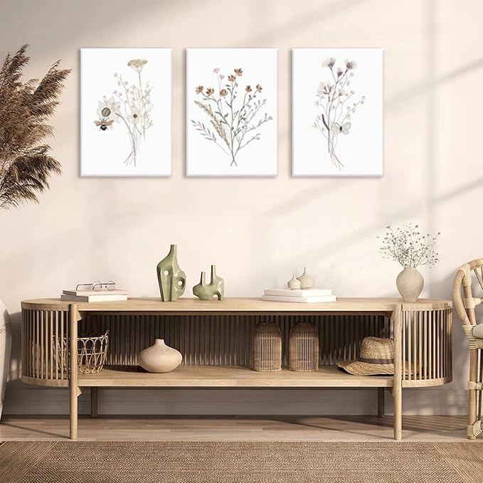 Bwodke Framed Wildflower Wall Art Butterfly Bee Botanical Floral Poster Canvas Prints Set of 3 Minimalist Nature Boho Pictures Vintage Farmhouse Decor Painting Bedroom Bathroom Living Room 16x24in