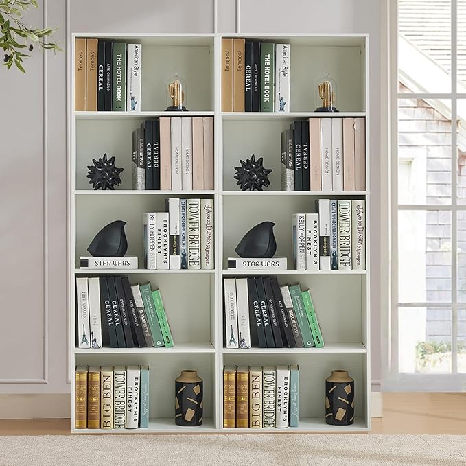 Tall Bookshelves with Cabinet, Office Storage Cabinets and Bookshelf, 5-Tier Wooden Bookcase with Storage, Floor Standing Display Cabinet Shelves for Living Room, Home Office, White