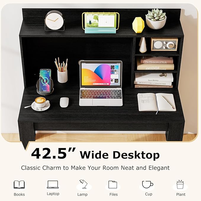 Tangkula Computer Desk with Hutch & Charging Station, Home Office Writing Study Desk with Storage Shelves, Cable Management Hole, Laptop Desk, Desk for Bedroom, Computer Workstation (Black)