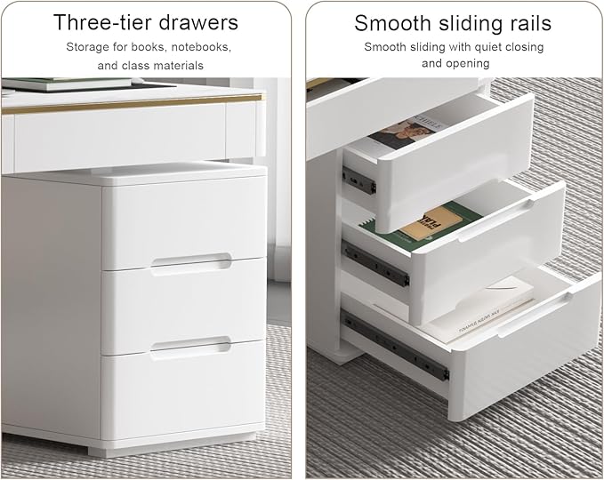 Wooden Computer Office Desk with Drawers for Home Office - White Gaming Desk with Tempered Glass Top - Thickened Lacquered PC Desk and Writing Desk - Escritorios para Computadoras (Z-105)