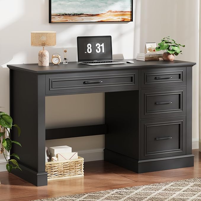Farmhouse 47" Executive Desk with 4 Drawers, Computer Desk with File Drawer, Workstation for Study, Home Office, Writing, Pure Black.