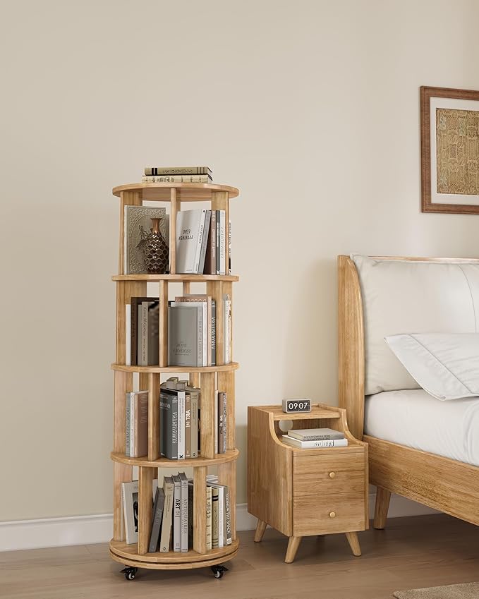 Rotating Bookshelf, 4 Tier Solid Wood Bookshelf Tower with Lockable Wheels, 360° Spinning Revolving Bookcase for Small Spaces, Corners, Bedroom, Kids Room, Home Office, Natural