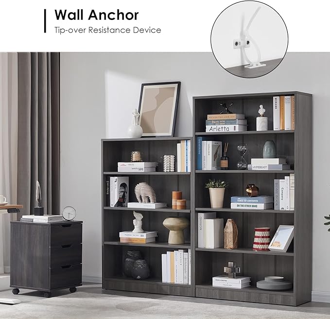 Farini Grey Bookshelf for Bedroom 5 Shelf Office Bookcase 60 Inches Tall Modern Wood Bookshelf for Living Room 5 Tier Wide Manga Bookshelves Library Bookcase