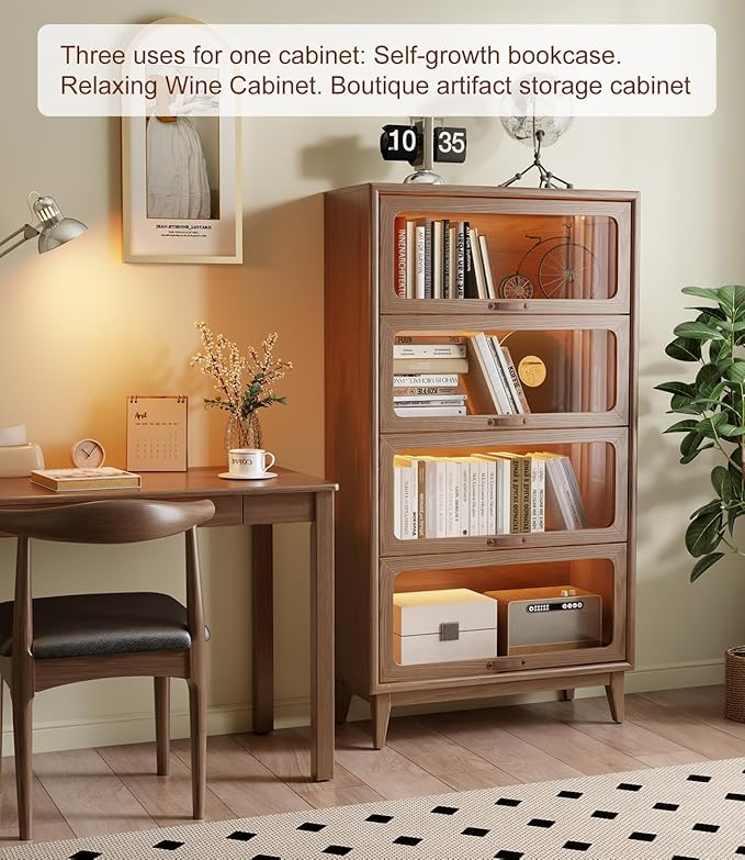 Solid Wood Book Case 4Tier Bookshelves with Tempered Glass Flip-Up Doors Brown Finish Adjustable laminate, Bookshelf Versatile Pantry Cabinet with Storage Home Office (Original Wood D14xW32xH60")