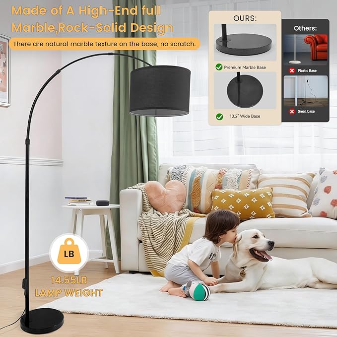 Black Arc Floor Lamp, Modern Standing Floor Lamp with Adjustable Head & Fabric Drum Shade, Over Couch Reading Light for Living Room, Bedroom, Office, Study Room