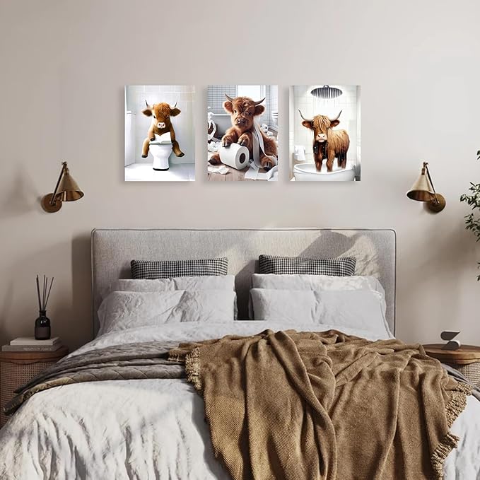 Westen Bathroom Decor Wall Art Framed,Funny Highland Cow Wall Art,Western Bathroom Decor Sign,Farmhouse Cow Pictures for Bedroom Office Restroom,12"x16",Framed