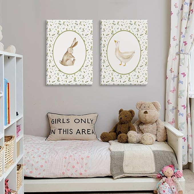 Vintage Nursery Wall Art Cute Goose Canvas Poster Bunny Wall Decor Baby Kids Poster Rabbit Duck Prints Cute Animal Pictures Pale Green Painting Artwork for Gallery Bedroom 12x16x2 Inch Ready to Hang