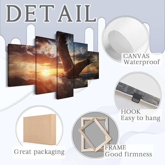 YOUHONG Eagle Wall Art 5-Panel with Wooden Frame - Waterproof Animal Posters for Wall Decor, Lightweight Frames Modern Eagles Decor for Living Room Office (50''W x 24''H)