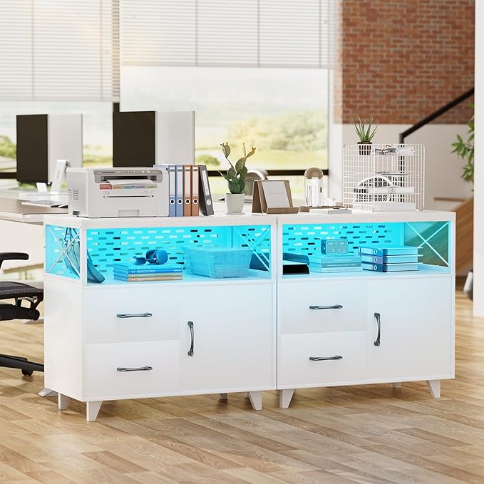 Homieasy Lateral File Cabinet with LED Light, Office Filing Cabinets with 2 Drawers and 1 Door Cabinet, Desk Side Printer Stand with Storage for Office Supplies, White