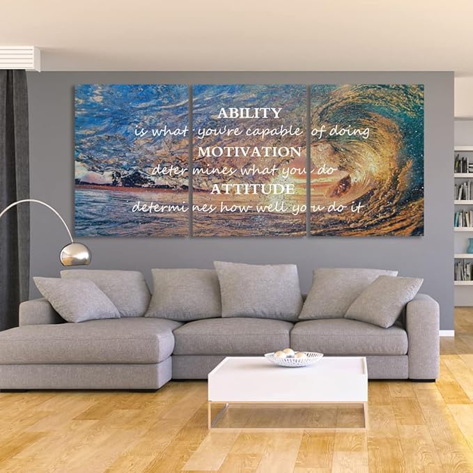 Unbruvo Motivational Wall Art for Office, 3 Pieces Canvas Painting with Inspirational Quotes, Ability Motivation Attitude Prints for Living Room Bedroom Study Room Decor (48" W x 24" H)