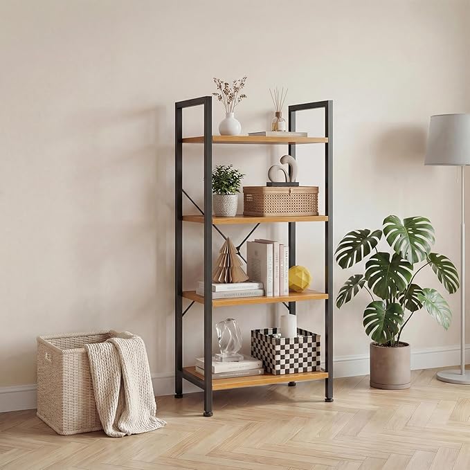 DUMOS 4 Tiers Bookshelf, Classical Book Shelf, Tall Display Shelves in Living Room/Home/Office, Storage Organizer for CDs/Books/Movies, Wood
