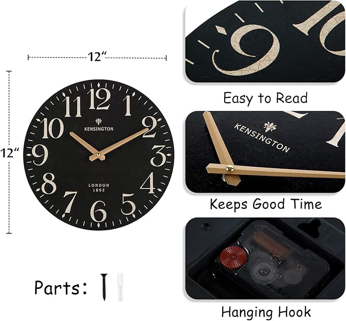 NIKKY HOME Farmhouse Black Wall Clock - 12 Inch Quartz Battery Operated Vintage Wooden Decorative Silent Analog Clock for Kitchen, Living Room, Bedroom, Office