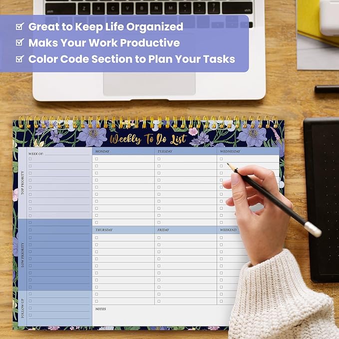 Weekly To Do List Notepad with 52 Undated Sheets(8.5"×11")- Undated Weekly Planner Notepad for Office Desk Accessories and Supplies - Blue Meadow