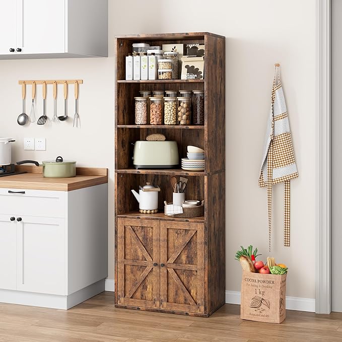 IDEALHOUSE Bookcase with Doors Industrial Bookshelf 11.8in Depth Display Storage Shelves 71.4in Tall Farmhouse Bookcases Wooden 6 Shelf Bookshelvels for Bedroom, Living Room, Home Office