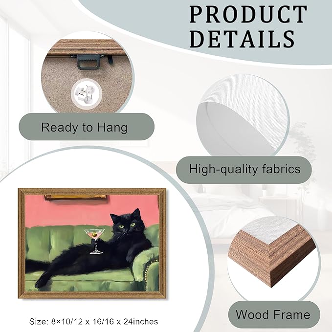 Fantasy Artists Humorous Black Cat Character Wall Art – Relaxed Anthropomorphic Illustration with Playful Attitude, Framed Canvas for Living Room, Office or Creative Space, 8W X 10H